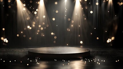 Canvas Print - A black shimmer scene with a glowing podium, golden spotlights, and sparkling lights, creating an elegant product presentation showcase.