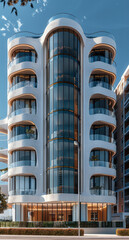Poster - A sleek 8-floor tower. The design features box-like structures on the top floors that create a floating effect, The facade is adorned with arched balconies, windows, minimalistic yet impactful.