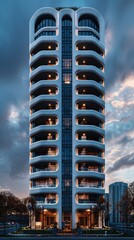 Poster - A sleek 8-floor tower. The design features box-like structures on the top floors that create a floating effect, The facade is adorned with arched balconies, windows, minimalistic yet impactful.