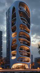 Poster - A sleek 8-floor tower. The design features box-like structures on the top floors that create a floating effect, The facade is adorned with arched balconies, windows, minimalistic yet impactful.