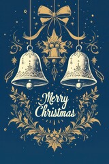 A festive Christmas bell, adorned with gold ribbons, hangs beautifully as a centerpiece for holiday decorations, set against a wintery blue backdrop, evoking cheerful celebration.