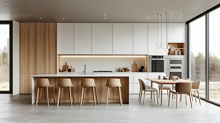 Sticker - Modern kitchen with wood accents and minimalist design.