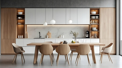 Poster - Modern kitchen with wooden dining table and minimalist decor.