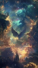 Poster - Angelic citadel floating amidst nebulous hues of cosmic splendor, 4K hyperrealistic photo