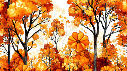 Canvas Print - Vibrant autumn landscape with orange foliage and stylized flowers.