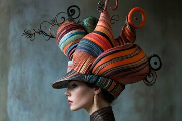 Wall Mural - Creative fashion: woman in unique multicolored artistic hat