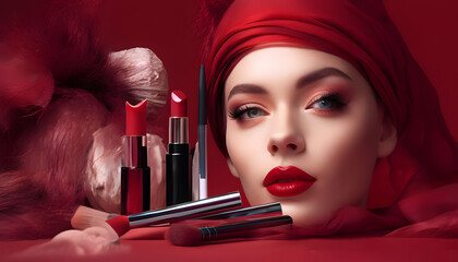 Elegant makeup setup with bold red lipstick and cosmetics 