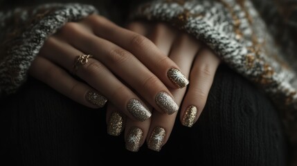 Elegant hands with beautifully manicured nails featuring intricate designs and glitter, resting on a dark surface in cozy indoor lighting