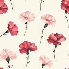 Wall Mural - Watercolor Pink and Red Carnation Flowers Seamless Pattern.