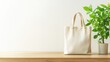 © Oatkhaphon - A minimalist scene featuring a textured tote bag alongside a potted plant on a wooden surface, illuminated by soft natural light.