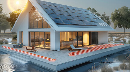 Aufkleber - A crossing view house equipped with a solar energy system. The solar panels are installed on the roof, capturing sunlight to generate energy. This energy powers an inside house underfloor and wall.