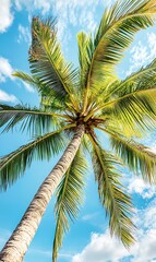 Coconut palm tree on blue sky background. Tropical summer background.