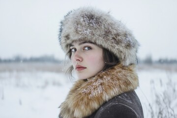 Woman in winter fur hat and coat in snowy landscape