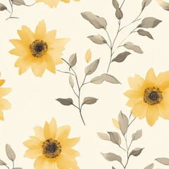 Wall Mural - Watercolor Sunflowers and Greenery Seamless Pattern.