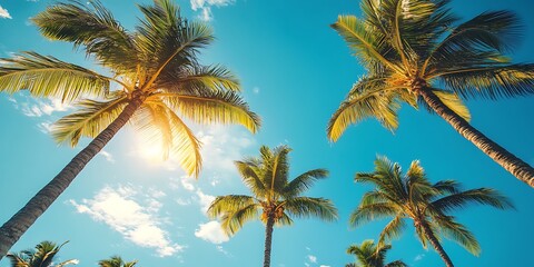 Coconut palm tree on blue sky background. Tropical summer background.