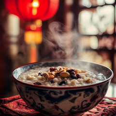 close-up of a bowl of Laba porridge with various grains, nuts and dried fruits, hot steam rising from the bowl, traditional Chinese kitchen background