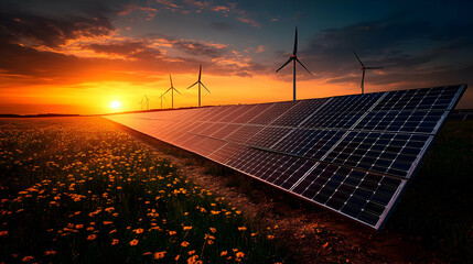 Wall Mural - Solar panels and wind turbines under a sunset sky.