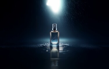 A glass bottle of perfume stands alone on a dark, wet surface with a spotlight overhead.