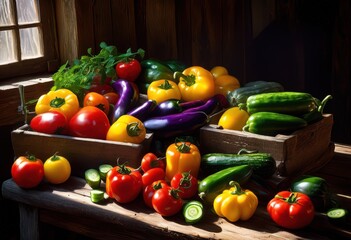 Canvas Print - colorful assortment fresh vibrant produce showcase rustic wooden table texture background, apple, orange, lemon, lime, berry, grape, kiwi, tomato, cucumber