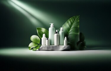 Aufkleber - A set of five white bottles on a stone platform surrounded by green leaves and illuminated by a ray of light.