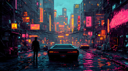 Sticker - Neon-lit urban scene with a figure and retro car in a rain-soaked street.