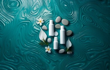Poster - Three white bottles on teal swirling background with white flowers and grey stones.