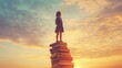 © designwala - Back to school! Happy cute industrious child standing on the tower of books on background of sunset sky. Concept of education and reading. The development of the imagination