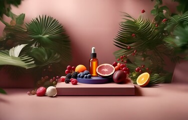 Aufkleber - A glass bottle of amber liquid sits on a blue platform surrounded by fresh fruit and greenery.