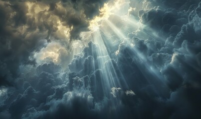 Wall Mural - Beams of light filtering through dramatic storm clouds, 4K hyperrealistic photo