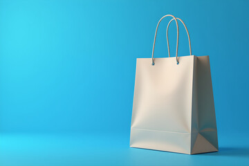 A white hopping bag on a blue background with copy space. Perfect for displaying or advertising retail, sale, and shopping purposes. 