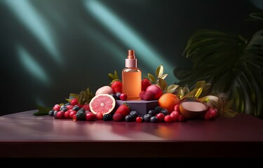 Poster - A glass bottle of liquid with a pink cap sits on a purple podium surrounded by various fruits.