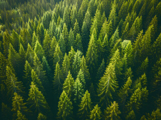  Aerial view of a dense forest with tall green trees seen from above. A bird's eye perspective of the beautiful coniferous tree tops in summer. A landscape captured from a drone.