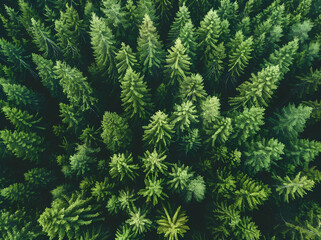 Aerial view of a dense forest with tall green trees seen from above. A bird's eye perspective of the beautiful coniferous tree tops in summer. A landscape captured from a drone.