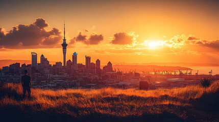 Sticker - Sunset view of a city skyline with a person overlooking the landscape.