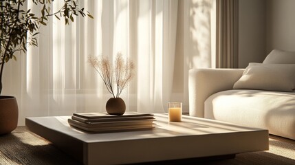 Poster - Bright living space with a sleek coffee table featuring one book and a small candle, surrounded by natural light.