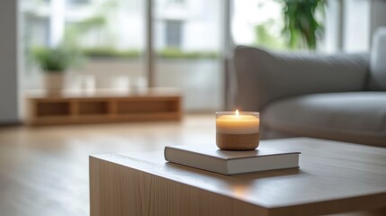 Sleek coffee table with a single book and candle in a bright space, natural wood accents visible in the background.