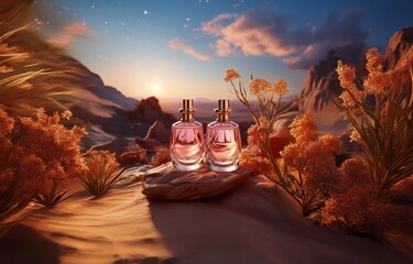 Two perfume bottles on a rock formation in a desert setting at sunset.