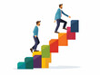 © Jutha - Flat Vector Illustration of a Businessman Climbing a Stairs of Bar Graphs, Representing Business Growth and Progress in a Clean, Minimalistic Style with Ample Copy Space.