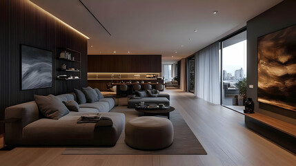 Wall Mural - Modern living room with sleek design and city view.