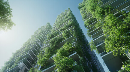 two modern buildings covered in lush greenery, viewed from a low angle.