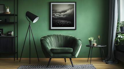 Wall Mural - Cozy green living space with modern decor and artistic elements.