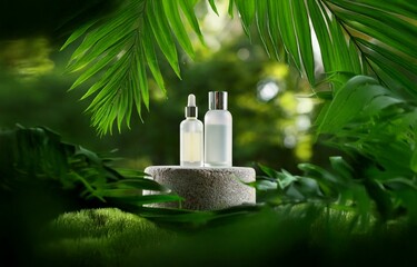 Two bottles on a stone pedestal in a lush green tropical setting.