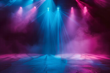 the stage of the concert is illuminated with colorful spotlights. dark background, copy space concep