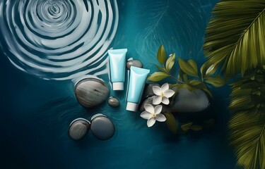 Poster - Two blue tubes rest atop smooth, gray stones surrounded by white flowers, green leaves, and swirling water.