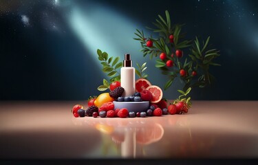 Poster - A white bottle of lotion with a gold cap sits on a platform with fresh fruit and berries against a dark, starry background with a spotlight.