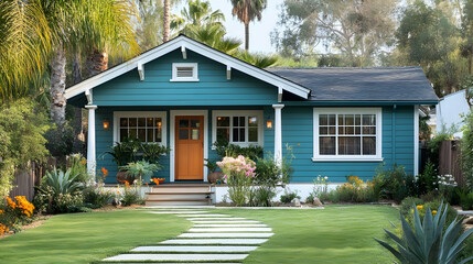 Poster - Charming blue house with a landscaped garden and pathway.