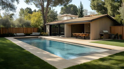 Poster - Modern backyard with a pool, patio, and dining area.