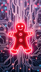 Poster - neon glowing xmas christmas gingerbread man outline against futuristic circuit board background technology holiday theme vertical format