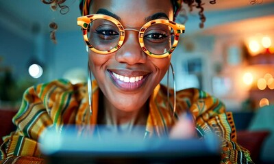 Canvas Print - With a warm smile, she engages with her device, surrounded by soft lights that create a delightful atmosphere. The evening vibe blends comfort and happiness