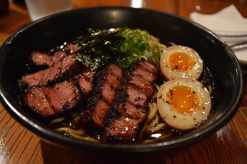 Bowl of Ramen Noodles with Seared Pork, Soft Boiled Eggs, and Seaweed